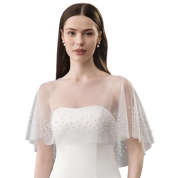 Accessories - 5764 Pearl Wedding Shawl White Wrap Shrug Bridal Cape Sheer Tulle
